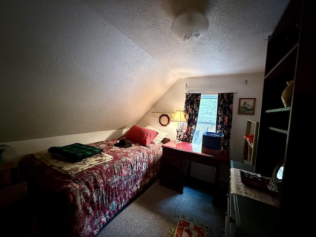 23 Mason Hill Rd, Tamworth, NH 03886 - bedroom with a textured ceiling, lofted ceiling, and carpet floors