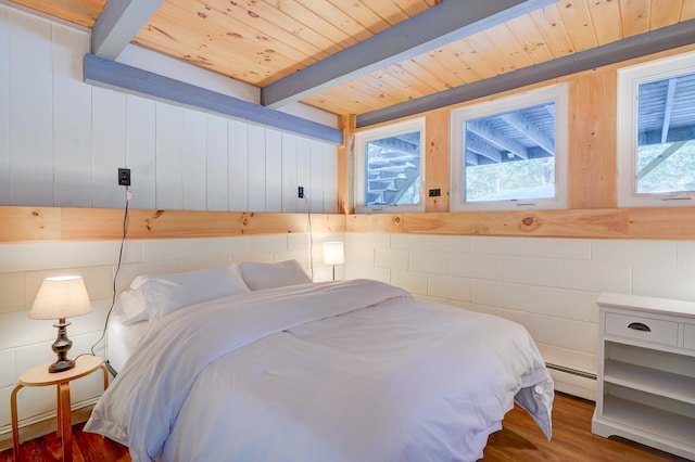 bedroom featuring a baseboard radiator, wood finished floors, wood ceiling, and beamed ceiling