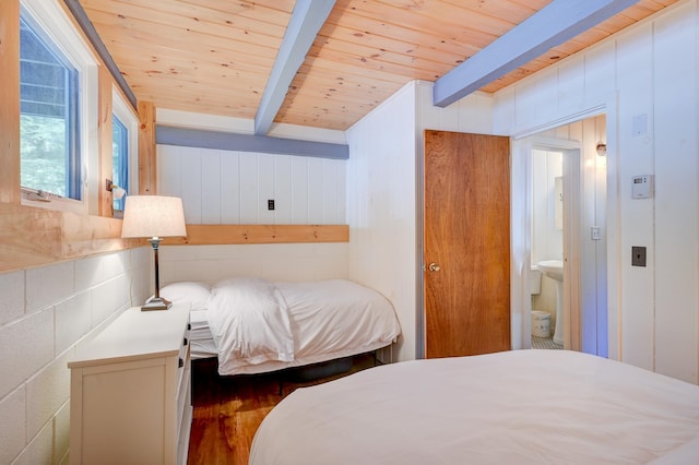 bedroom with wooden ceiling, beam ceiling, and wood finished floors