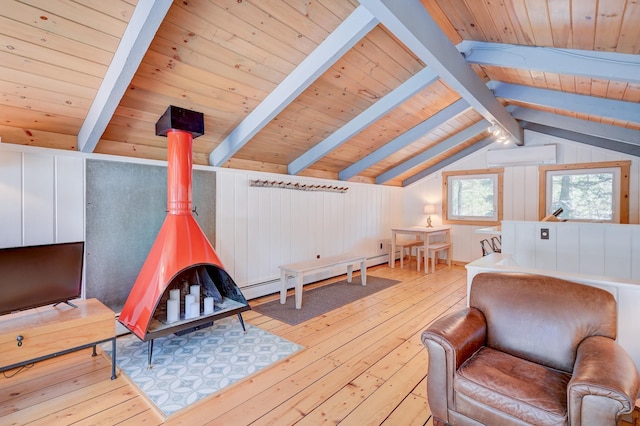 bedroom featuring wood-type flooring, wooden ceiling, a wood stove, a baseboard heating unit, and a wall mounted AC