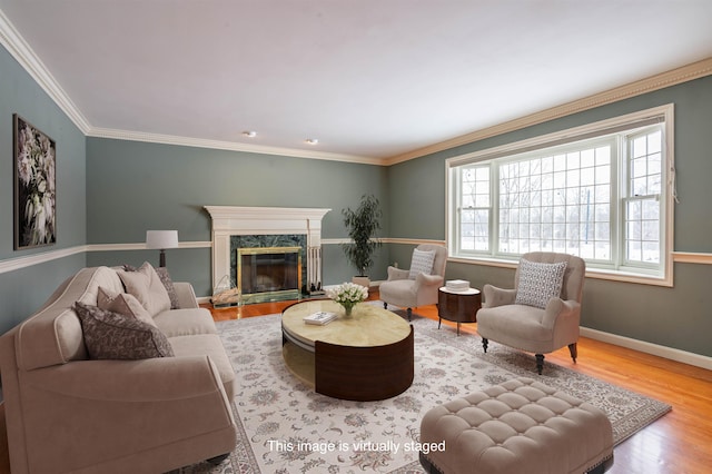 living room featuring wood finished floors, baseboards, a premium fireplace, and ornamental molding