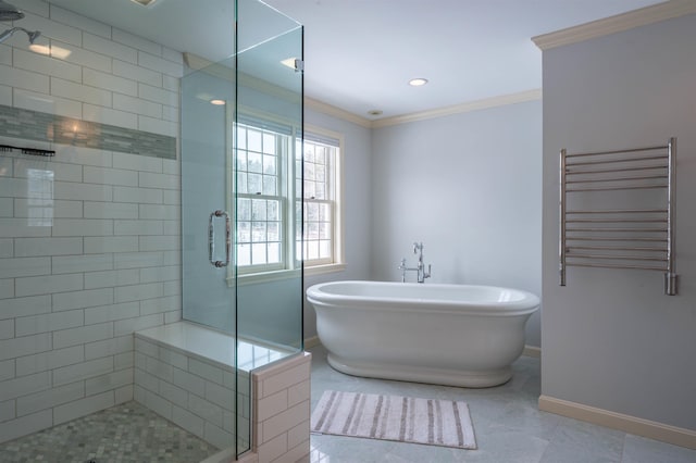 full bath featuring radiator, crown molding, a shower stall, a towel warmer, and baseboards