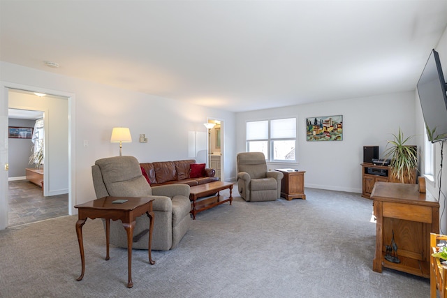 living area with baseboards and carpet flooring