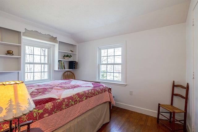 bedroom featuring dark wood finished floors, multiple windows, baseboards, and vaulted ceiling