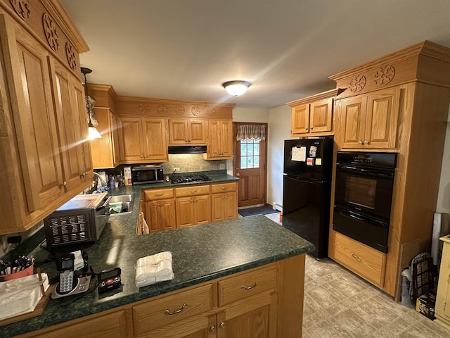 887 Harold Dow Hwy, Eliot, ME 03909 - kitchen featuring black appliances, a warming drawer, exhaust hood, a peninsula, and dark countertops