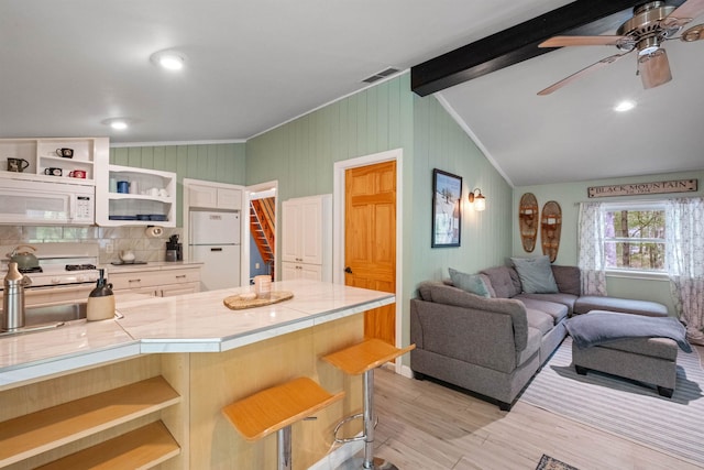 34 Bay Rd, Conway, NH 03818 - kitchen featuring white appliances, open shelves, light wood-style floors, tile counters, and a ceiling fan