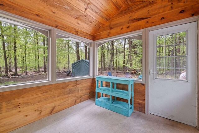 34 Bay Rd, Conway, NH 03818 - unfurnished sunroom featuring vaulted ceiling, healthy amount of natural light, wood walls, and wood ceiling