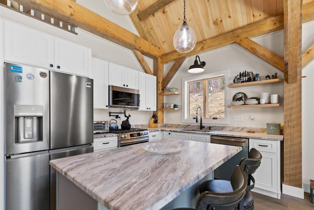 LOT22 Compass Point Rd, Thornton, NH 03285 - kitchen with appliances with stainless steel finishes, open shelves, wood ceiling, light stone counters, and dark wood-style floors