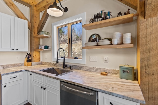 LOT22 Compass Point Rd, Thornton, NH 03285 - kitchen with open shelves, dishwasher, white cabinets, and light stone counters