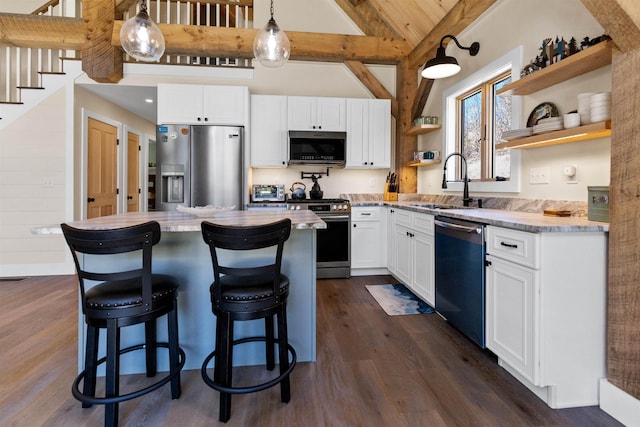 LOT22 Compass Point Rd, Thornton, NH 03285 - kitchen with stainless steel appliances, open shelves, dark wood-type flooring, high vaulted ceiling, and white cabinets
