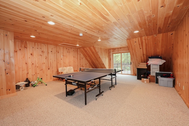 game room with carpet flooring, wooden ceiling, wood walls, and recessed lighting