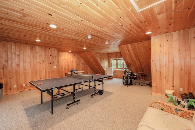 playroom with wood ceiling, carpet flooring, wood walls, and recessed lighting