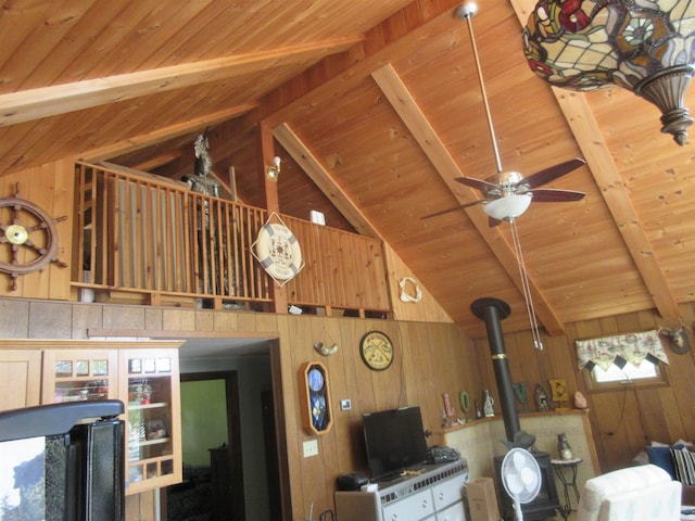 14 Morgan Rd, Hillsborough, NH 03244 - detailed view of wooden walls, wood ceiling, beam ceiling, ceiling fan, and a wood stove
