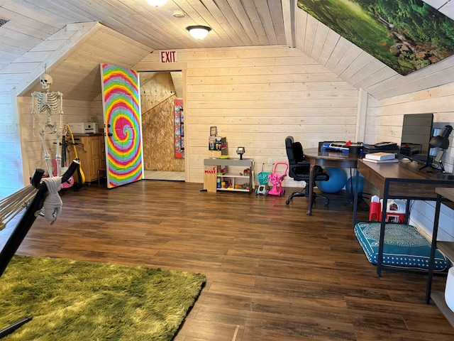 687 Chilafoux Hl, Irasburg, VT 05845 - playroom featuring vaulted ceiling, wood ceiling, wooden walls, and wood finished floors