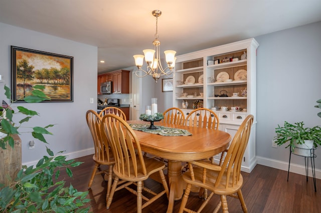 dining room with a chandelier, dark wood finished floors, baseboards, and recessed lighting