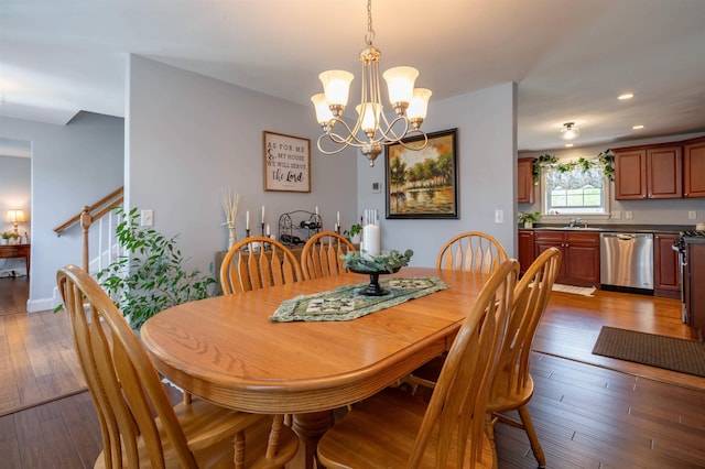 dining room with a chandelier, recessed lighting, and hardwood / wood-style flooring