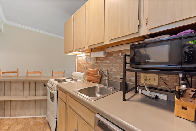 kitchen featuring black microwave, electric stove, a sink, light brown cabinets, and decorative backsplash