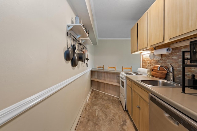 kitchen featuring electric stove, dishwasher, a sink, backsplash, and light countertops