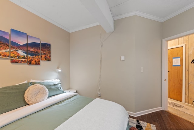 bedroom with dark wood-style floors, ornamental molding, a mountain view, baseboards, and beam ceiling