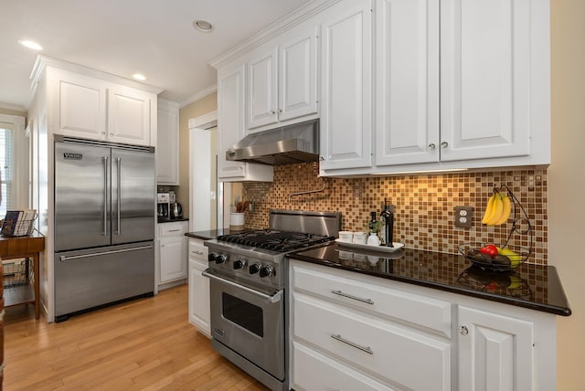 kitchen with premium appliances, under cabinet range hood, white cabinetry, ornamental molding, and tasteful backsplash
