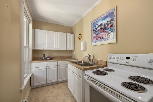 kitchen with white range with electric cooktop, a sink, white cabinetry, crown molding, and light countertops