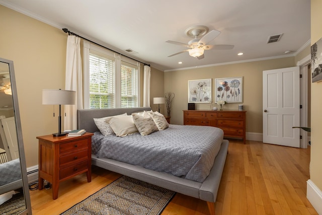 bedroom featuring crown molding, light wood finished floors, recessed lighting, a ceiling fan, and baseboards