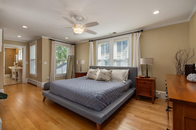 bedroom featuring baseboard heating, ornamental molding, light wood-style floors, recessed lighting, and baseboards