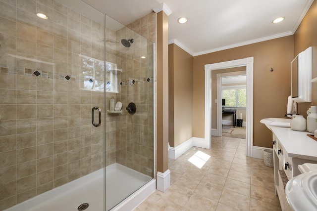 full bath with a shower stall, crown molding, baseboards, tile patterned flooring, and recessed lighting