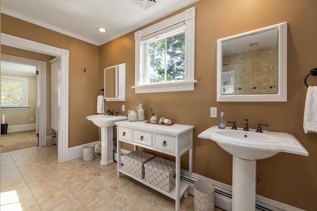 full bath featuring a baseboard radiator, tile patterned floors, baseboards, ornamental molding, and recessed lighting