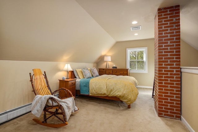 bedroom featuring baseboard heating, lofted ceiling, light colored carpet, recessed lighting, and baseboards