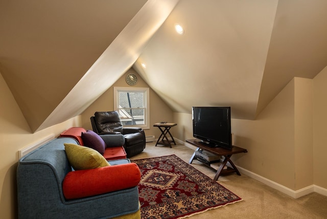 living room with carpet floors, vaulted ceiling, and baseboards