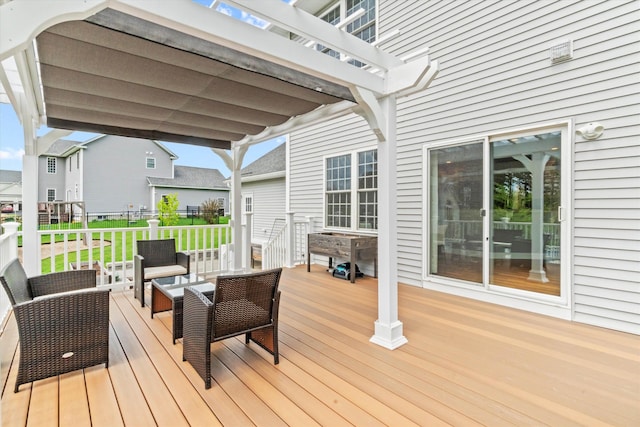 deck with a pergola, an outdoor living space, and a lawn