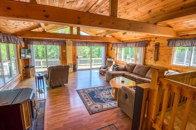 living room featuring plenty of natural light, wood finished floors, wooden ceiling, and wooden walls