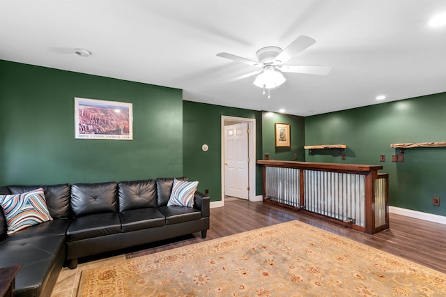 108 Brenner Dr, Conway, NH 03818 - living area with baseboards, wood finished floors, a ceiling fan, recessed lighting, and a bar
