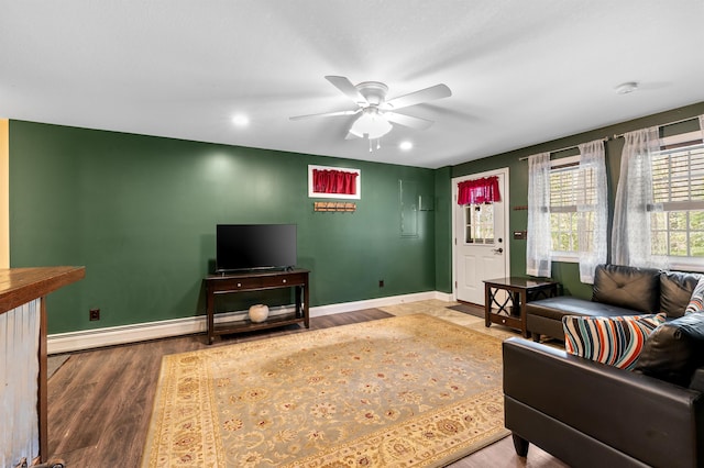 108 Brenner Dr, Conway, NH 03818 - living room featuring baseboards, ceiling fan, wood finished floors, recessed lighting, and baseboard heating