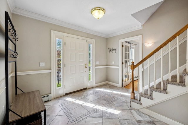 foyer with a baseboard radiator, baseboards, stairs, inlaid floor details, and crown molding