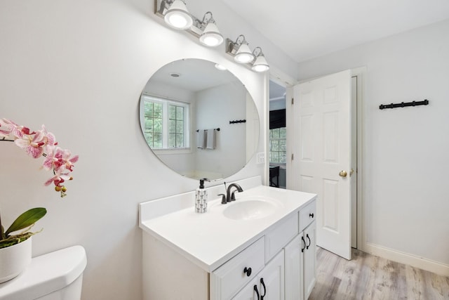 bathroom featuring wood finished floors, toilet, and vanity