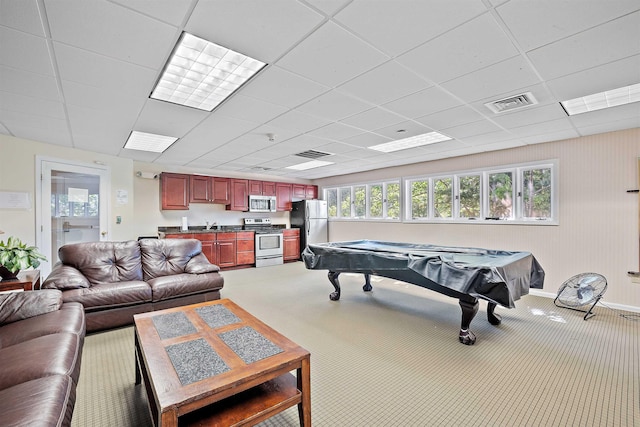 rec room featuring billiards, carpet floors, and a paneled ceiling