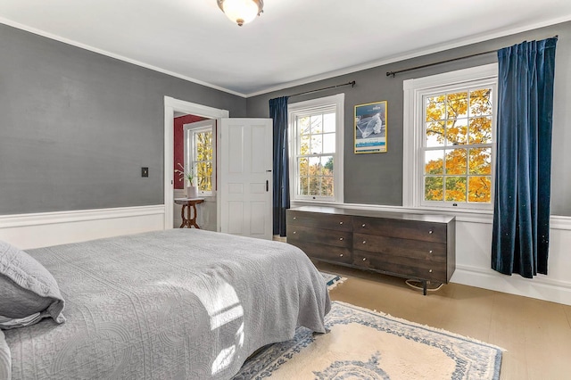 bedroom with crown molding and wainscoting