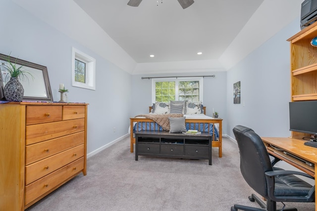 bedroom featuring light colored carpet, a desk, baseboards, recessed lighting, and a ceiling fan