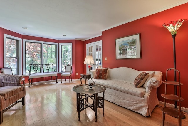 living room with wood finished floors, crown molding, and baseboards