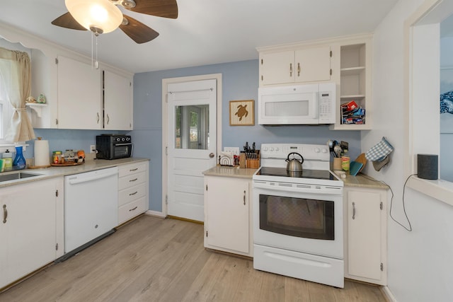 74 Pine St, Rollinsford, NH 03869 - kitchen featuring white appliances, open shelves, ceiling fan, light wood-style flooring, and light countertops