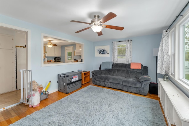 74 Pine St, Rollinsford, NH 03869 - living room with ceiling fan, healthy amount of natural light, wood finished floors, and baseboards