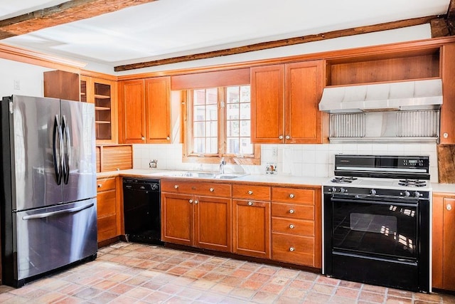 kitchen with black appliances, open shelves, a sink, and light countertops
