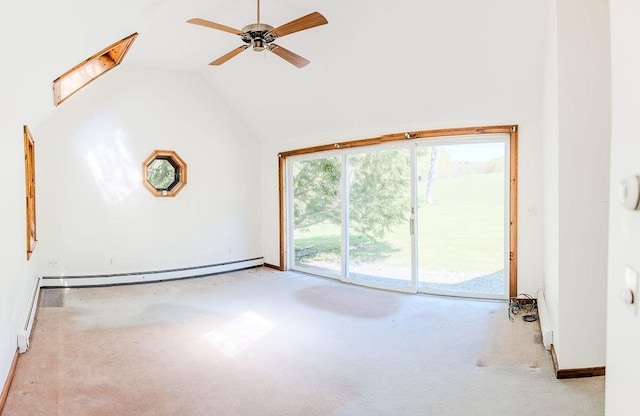 empty room featuring carpet floors, a baseboard radiator, lofted ceiling, and ceiling fan