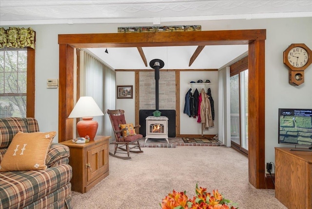 3 King Rd, Chichester, NH 03258 - carpeted living area with crown molding and a wood stove