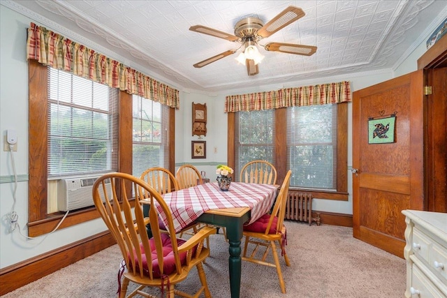 3 King Rd, Chichester, NH 03258 - dining area with radiator, a ceiling fan, an ornate ceiling, baseboards, and light carpet