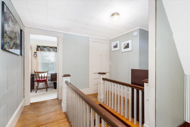 3 King Rd, Chichester, NH 03258 - corridor with an upstairs landing, crown molding, light wood-style flooring, and baseboards