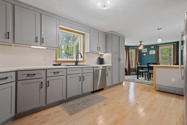 kitchen with gray cabinets, stainless steel dishwasher, and plenty of natural light