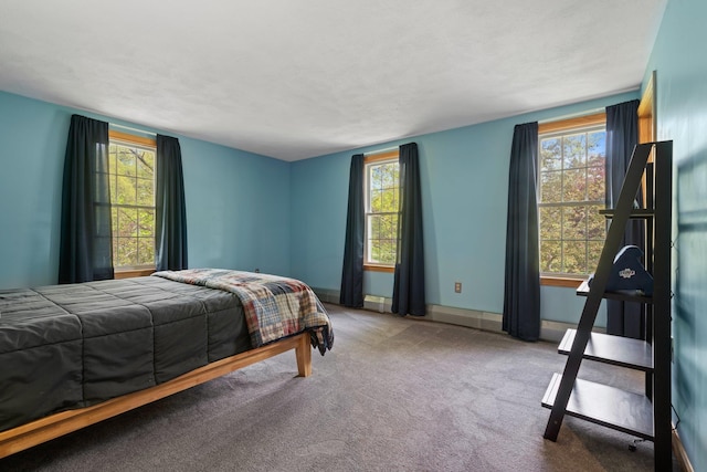 carpeted bedroom featuring multiple windows and baseboards